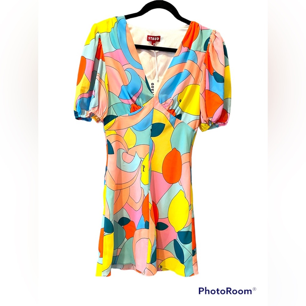 NWT Staud Mini Milla Dress in scarf-print Citrus Kaleidoscope in Size 4